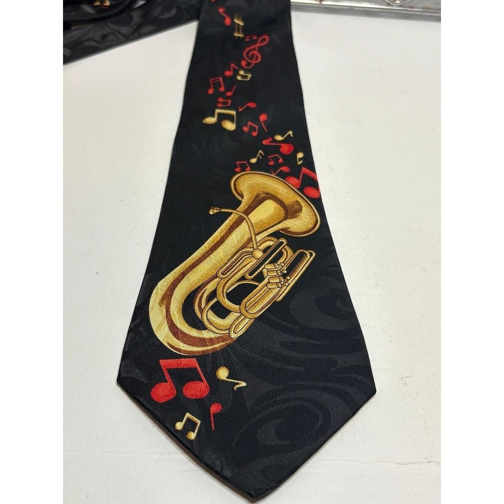 Fratello Hand Made Men's Necktie Black Tuba Horn Musical Notes 100% Polyester